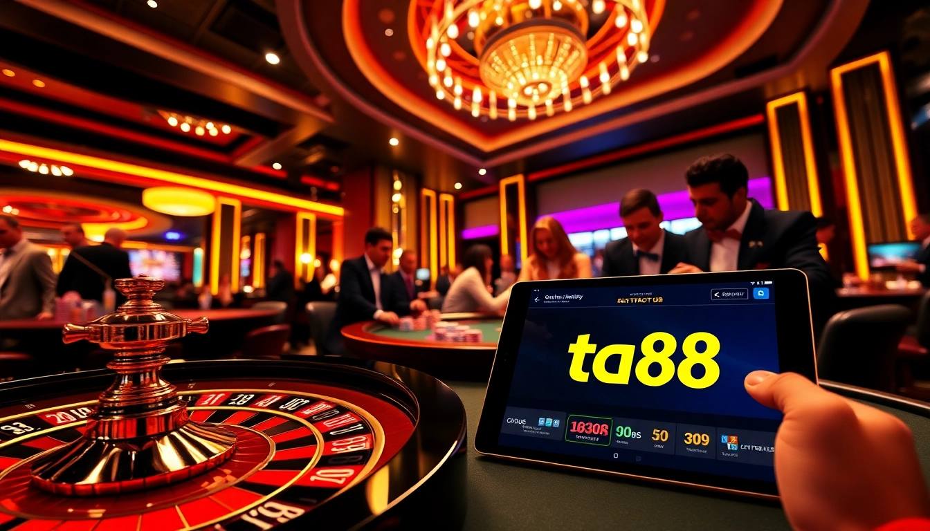 Experience thrilling gameplay with tg88 at a luxurious casino featuring roulette and poker tables.