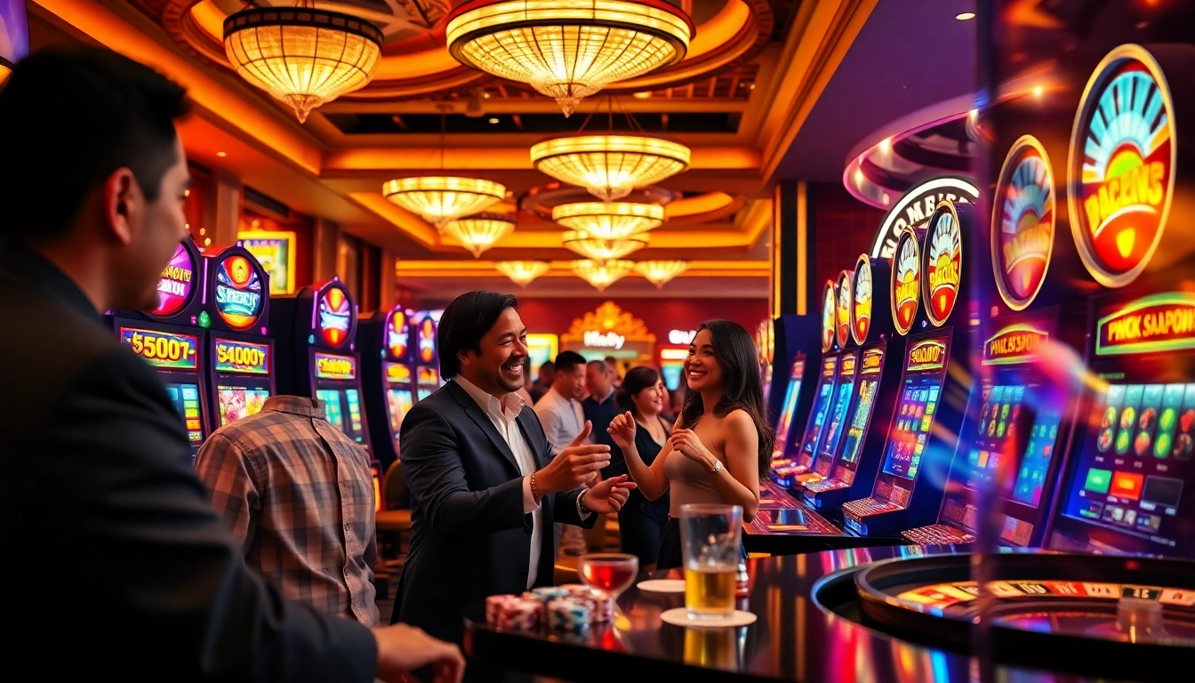Situs gacor excitement with players winning at vibrant slot machines in a luxurious casino.