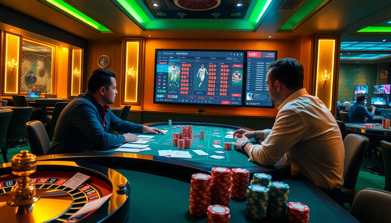 Engaging scene showing how to แทงบอลยังไง with strategic discussions among gamblers and live sports betting.