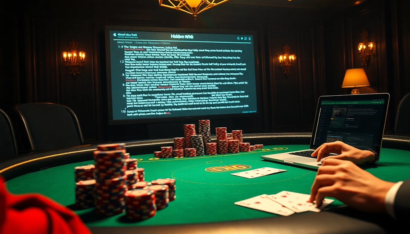 Gambler playing cards and chips in a luxurious casino while the hidden wiki dark web is in the background.
