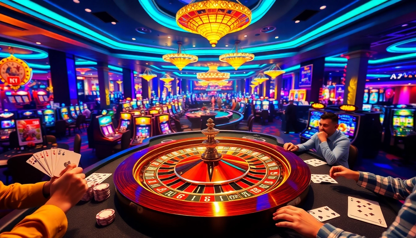 Experience the thrill of gaming at https://urr88.com/ with vibrant casino visuals depicting poker chips, roulette wheels, and lively tables.