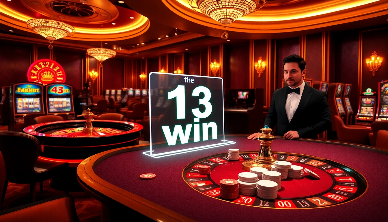 Experience the thrill of 13 win at an upscale casino with lively poker chips, roulette, and slot machines.