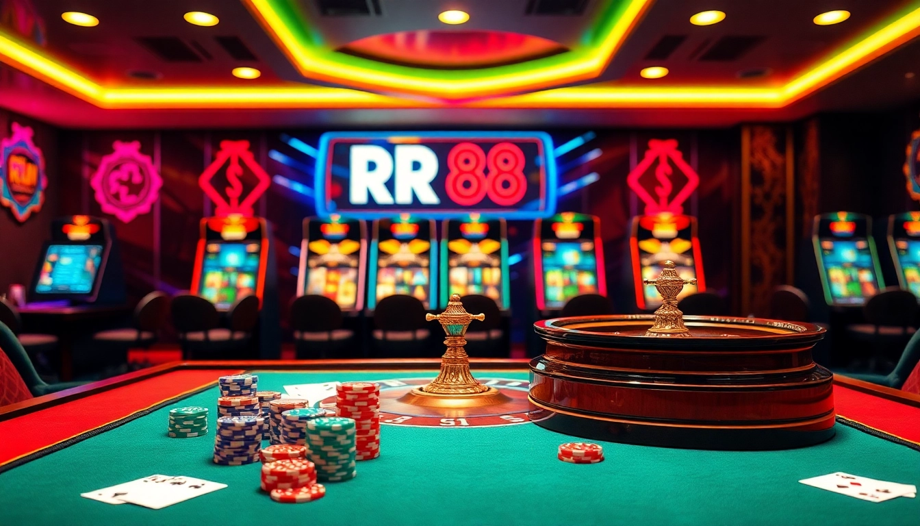 Experience thrilling online betting at RR 88 with luxurious gaming tables and vibrant slot machines.