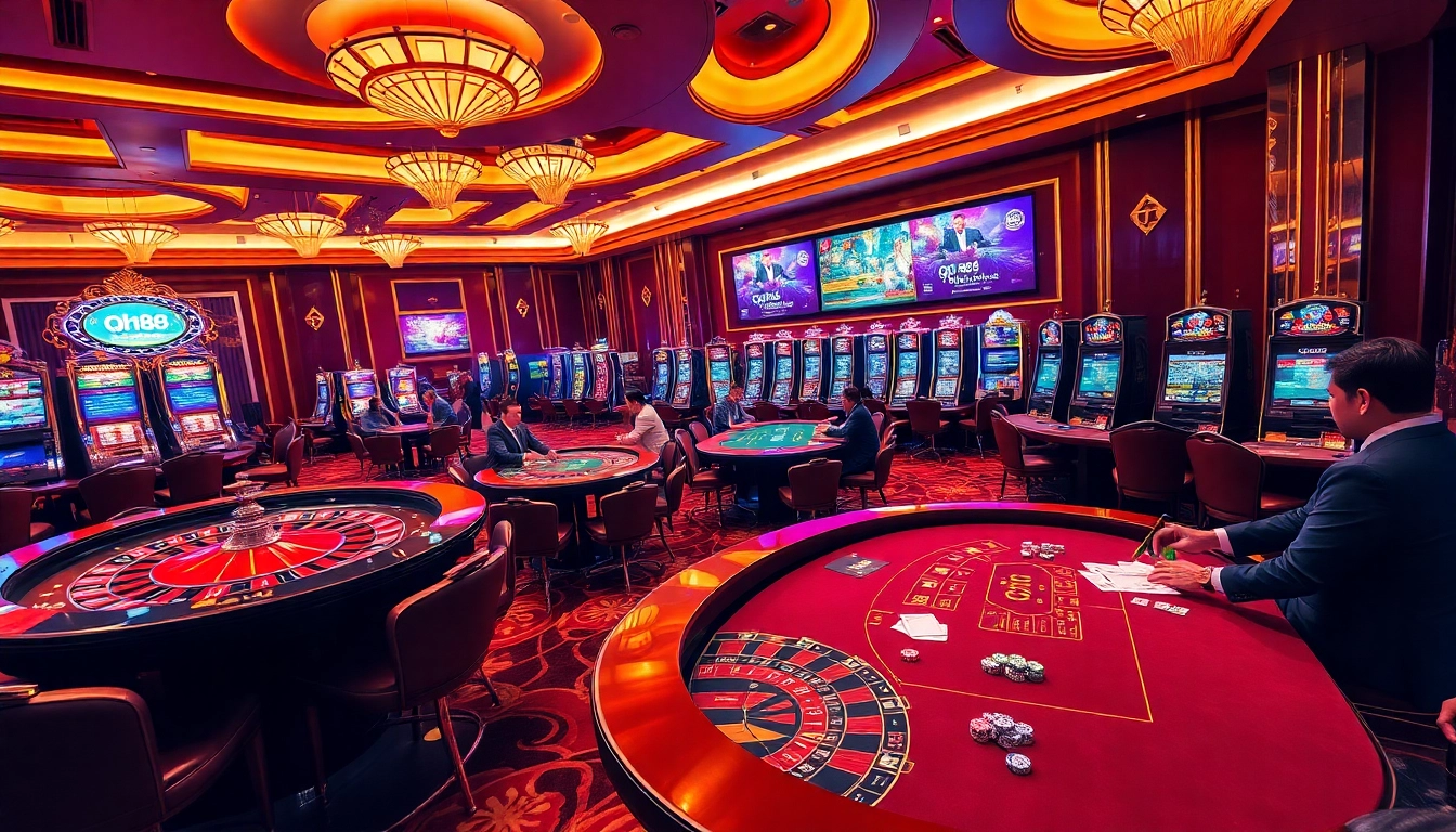 Exciting gambling scene featuring qh88 at a luxurious casino with poker, roulette, and slot machines