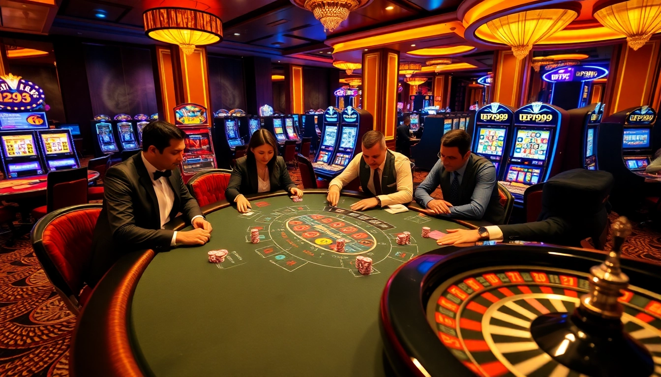 Players enjoying an intense blackjack game at a DF999 casino table, showcasing excitement and luxury.