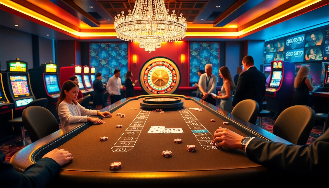 Engaging poker game at https://go99.institute/, highlighting chips and slot machines in a vibrant casino atmosphere.