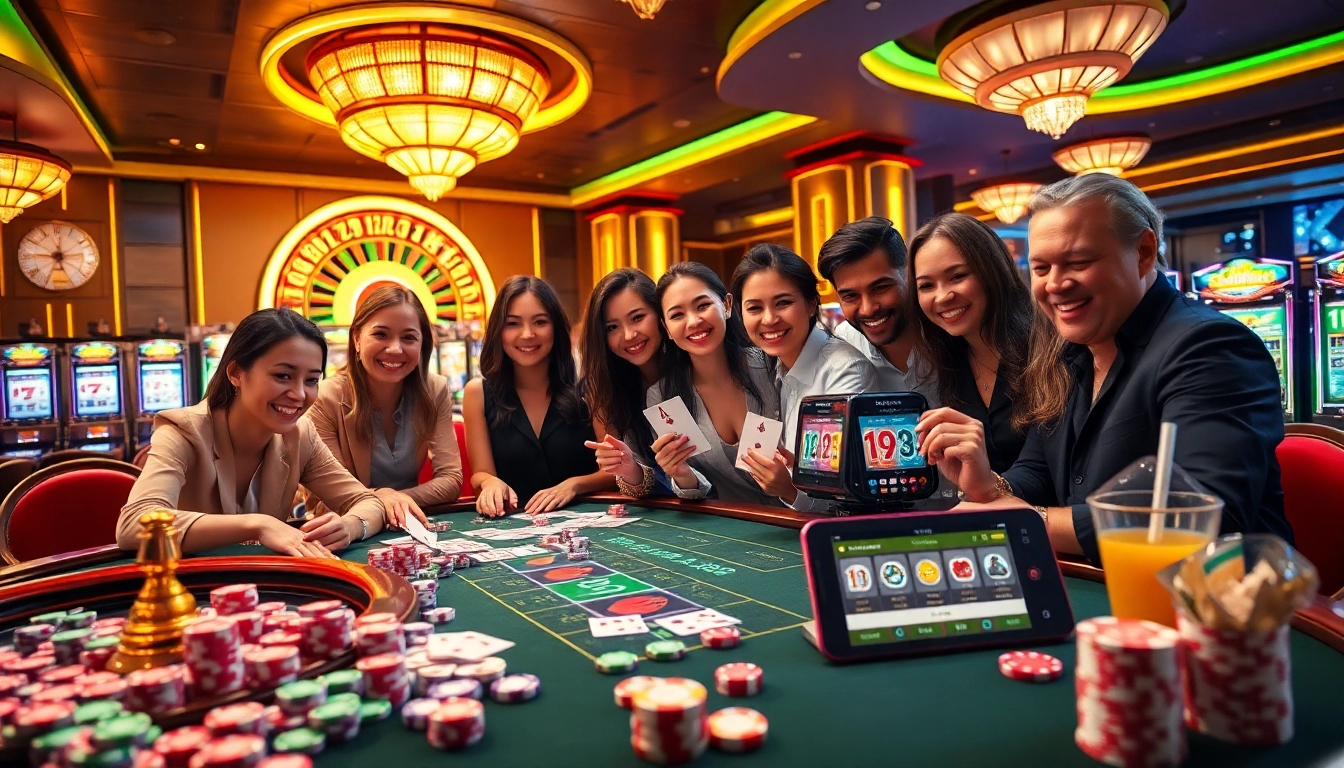 Players enjoying a vibrant casino scene at NK88, featuring poker chips and slot machines.