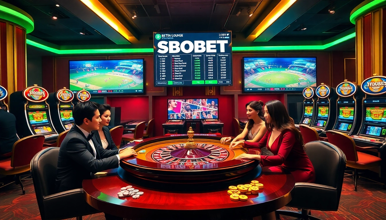 SBOBET gaming experience with luxurious casino ambiance featuring roulette tables and excited gamblers.