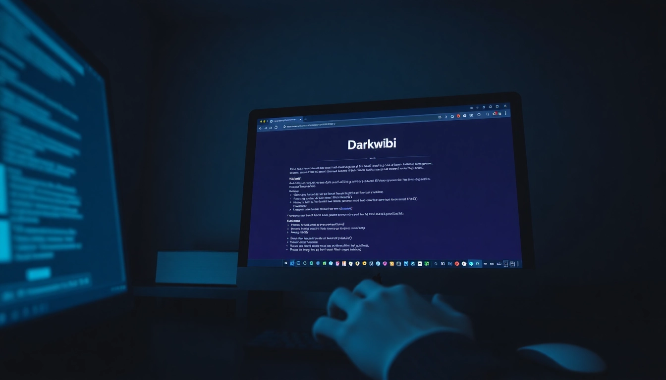 The official hidden wiki interface on a computer, displaying onion sites with a dark web atmosphere.