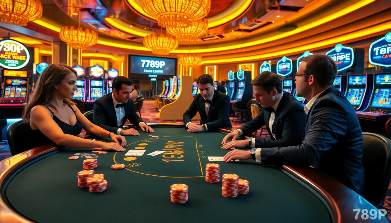 A vibrant casino scene with players enjoying blackjack at 789P, showcasing luxury and excitement.