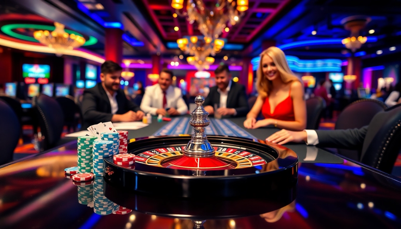 SODO 66 casino players enjoying an intense poker game with vibrant lights and luxury ambiance.