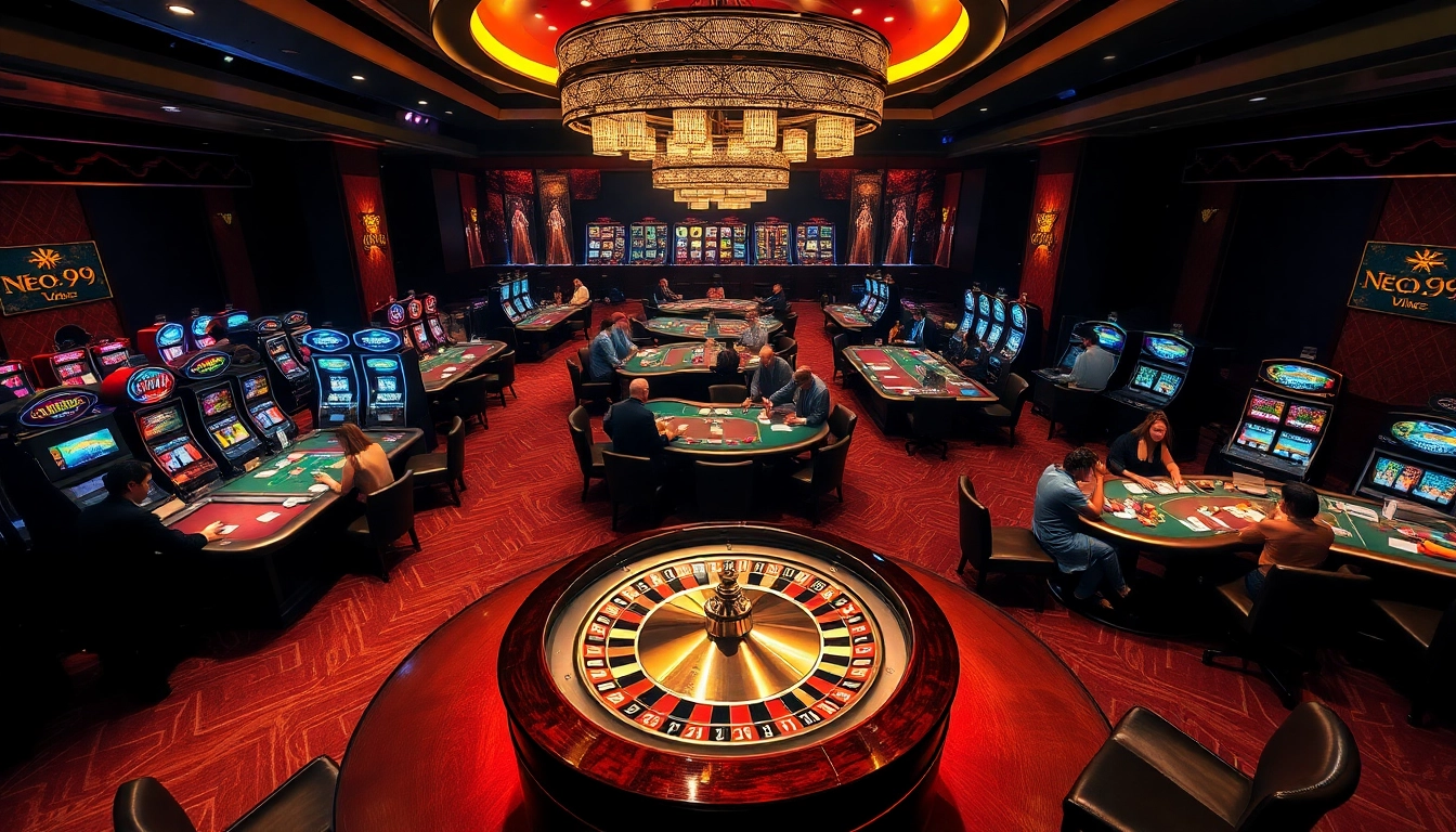 Players enjoying thrilling games at NEO79 casino with vibrant slot machines and poker tables.