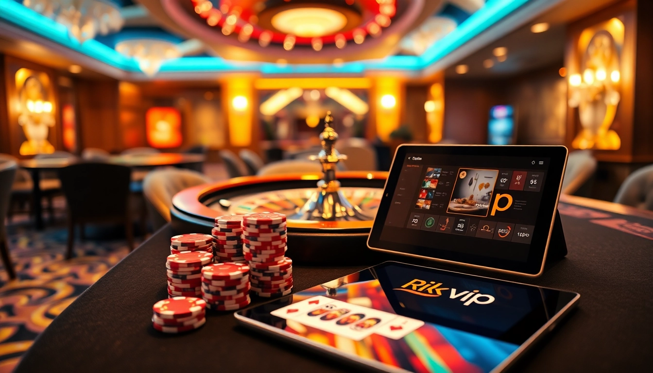Experience the thrill of Rik vip with an elegant casino setup showcasing cards, chips, and a dynamic roulette wheel.
