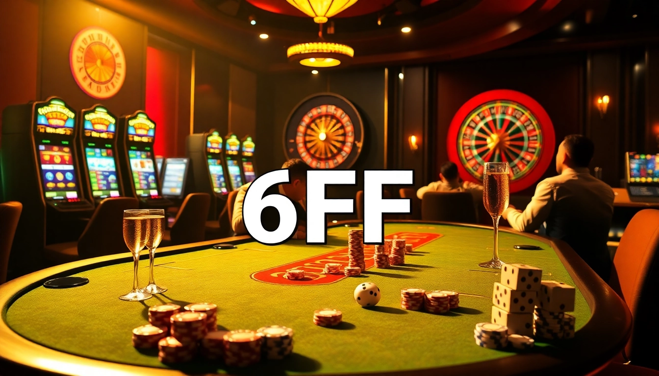 High-stakes poker players enjoying their game at 6FF casino with vibrant slot machines.