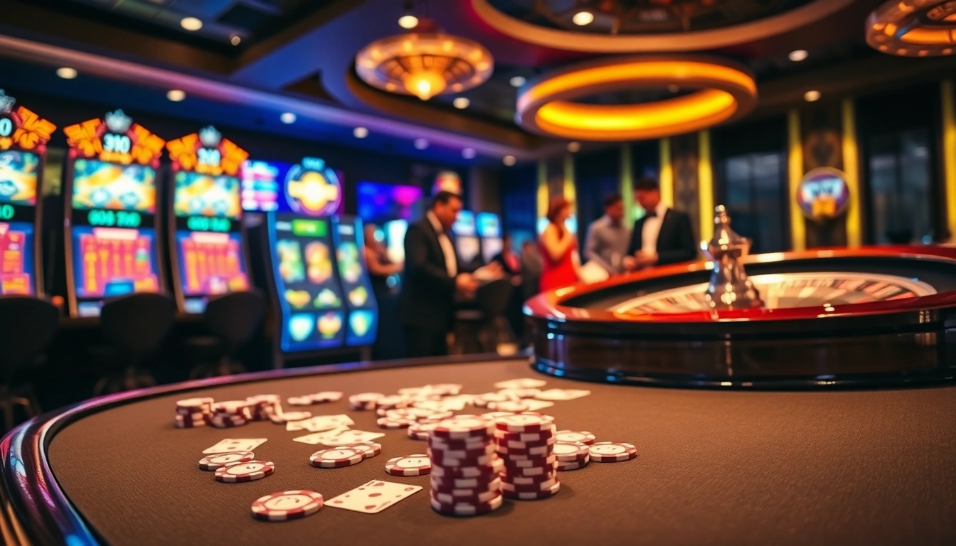Experience the excitement of rr88 gratis at a luxurious casino, with players at the poker table and vibrant slot machines.