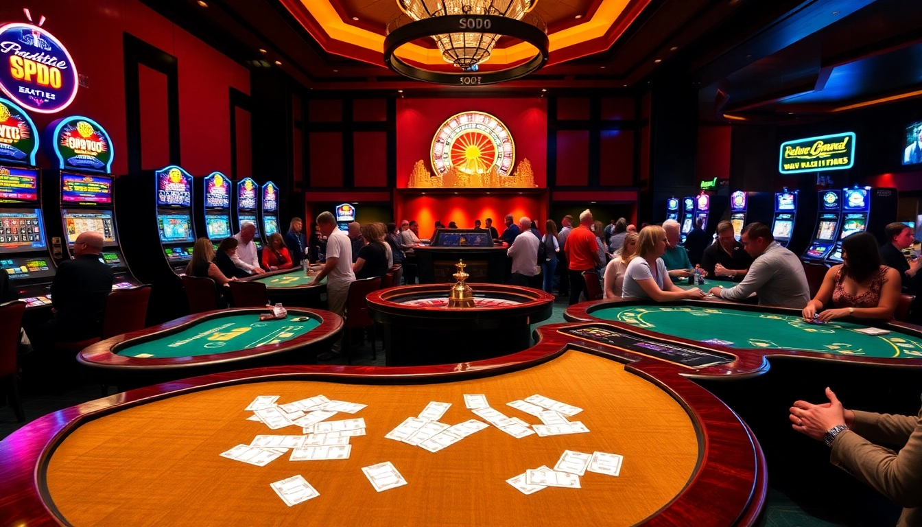 Experience high-stakes gaming in the luxurious SODO casino atmosphere with vibrant tables and slot machines.