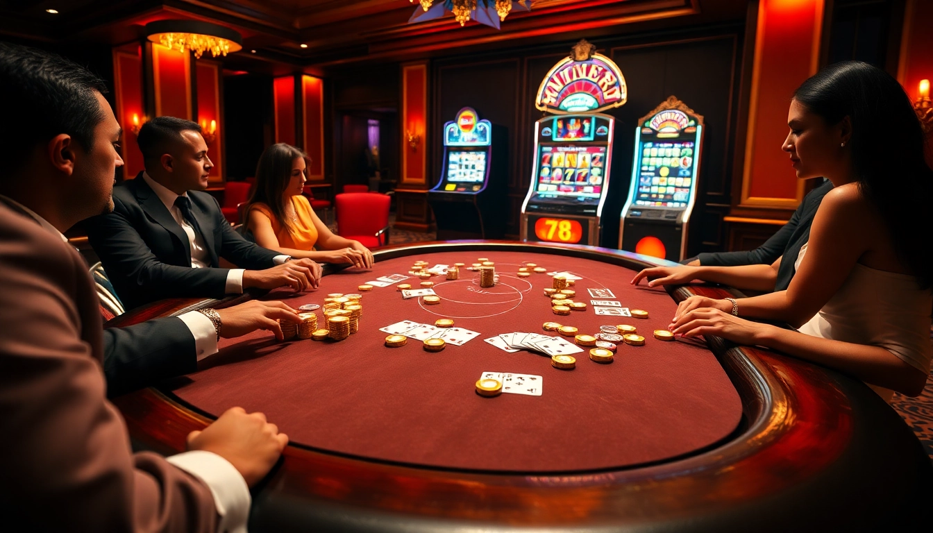 Players enjoy high-stakes poker at 78wintl.org, capturing the thrill of winning in a luxurious setting.