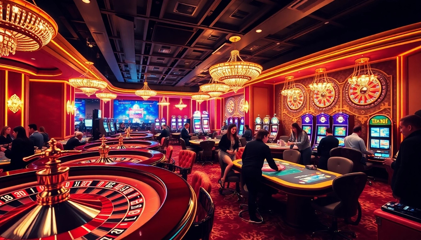 View players engaging in thrilling games at https://bem88.com, showcasing a vibrant casino atmosphere with poker and roulette.