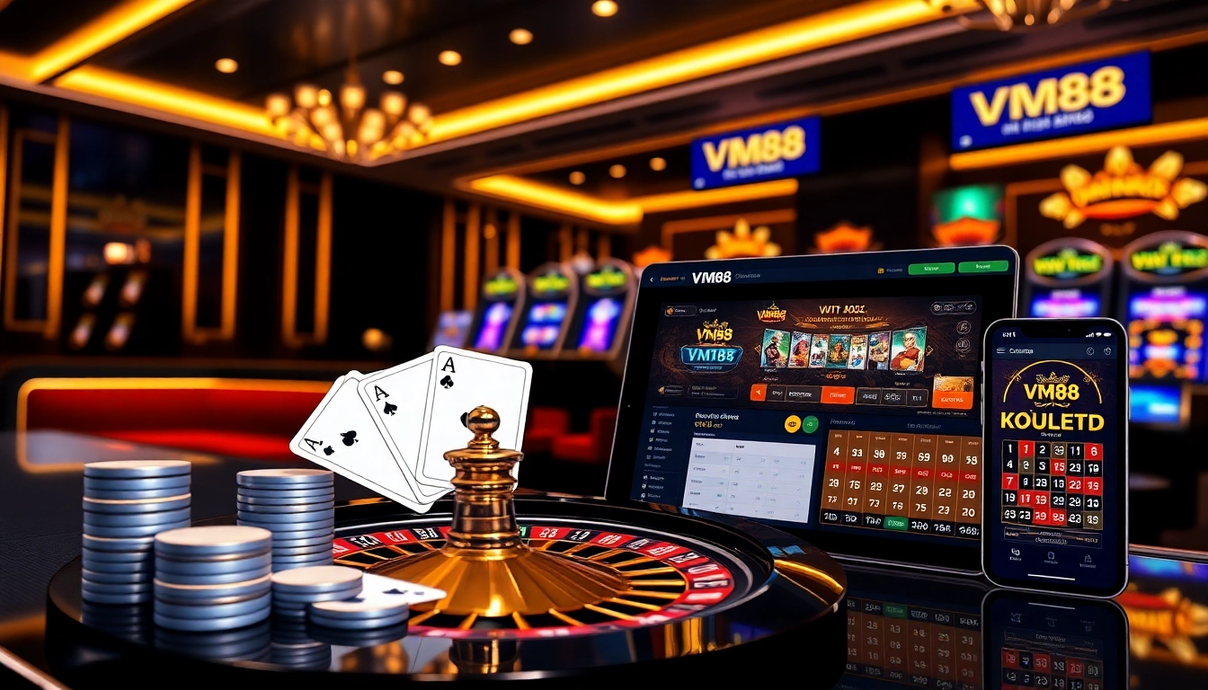 VM88 online casino showcasing strategic betting with digital poker chips, roulette wheel, and live odds