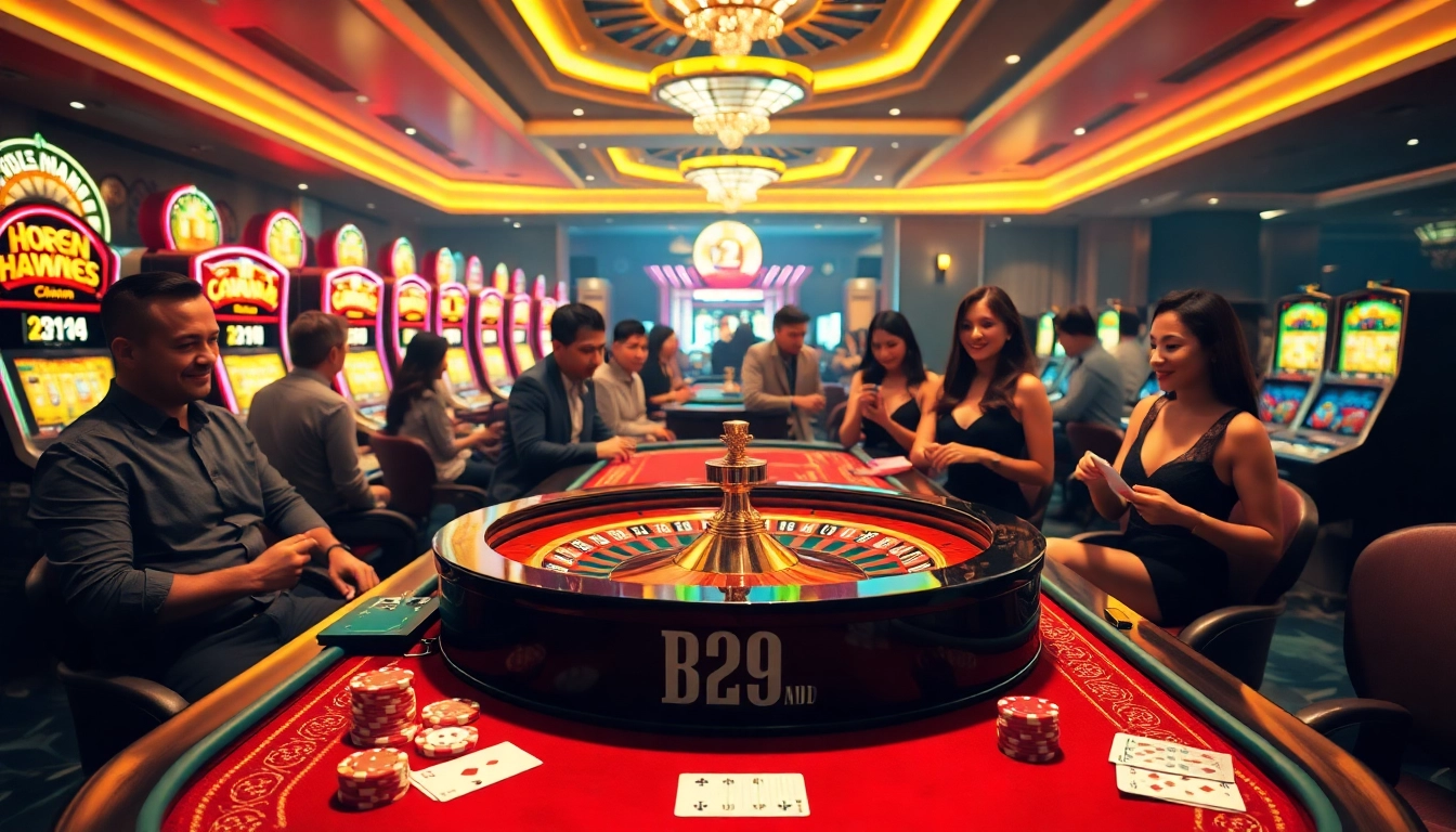 B29-themed casino scene showcasing luxury gaming table and excited gamblers.