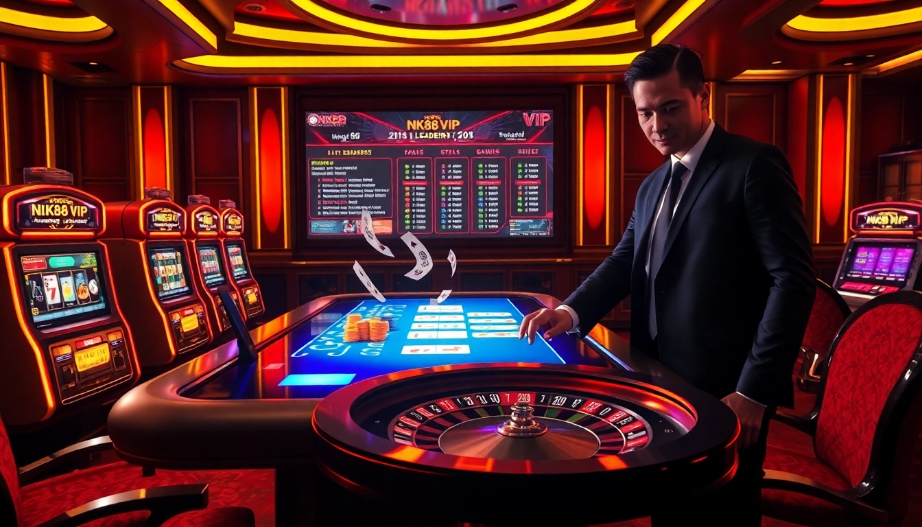 NK88 vip casino table featuring professional player placing strategic bets with illuminated poker chips