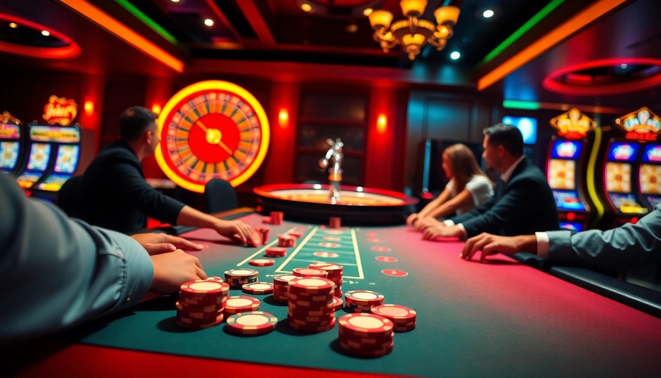 Players enjoy a thrilling poker game at 123bet's luxurious casino table under neon lights.