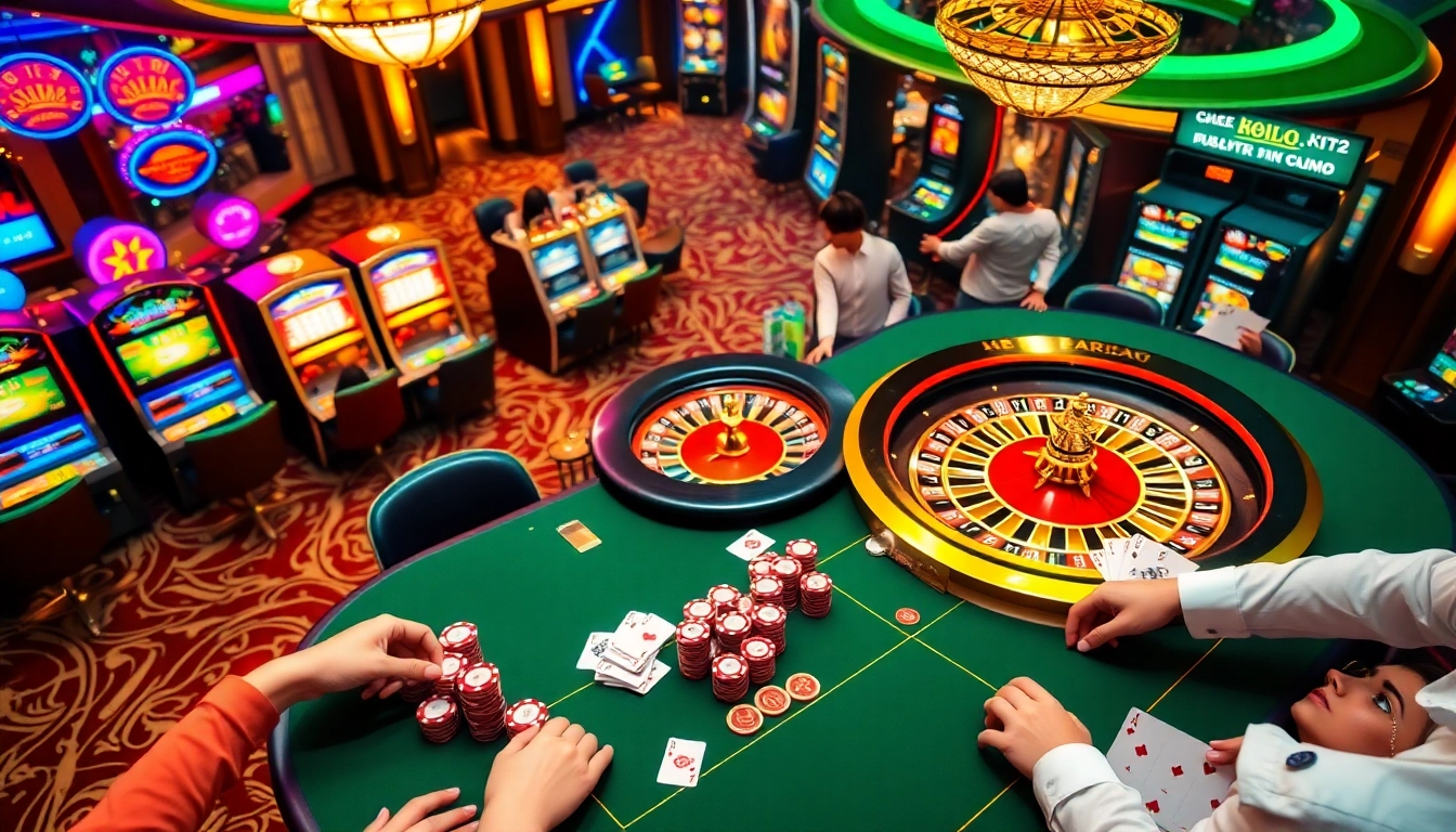 Players enjoying a thrilling poker game at kuwinblog.com with vibrant casino elements.