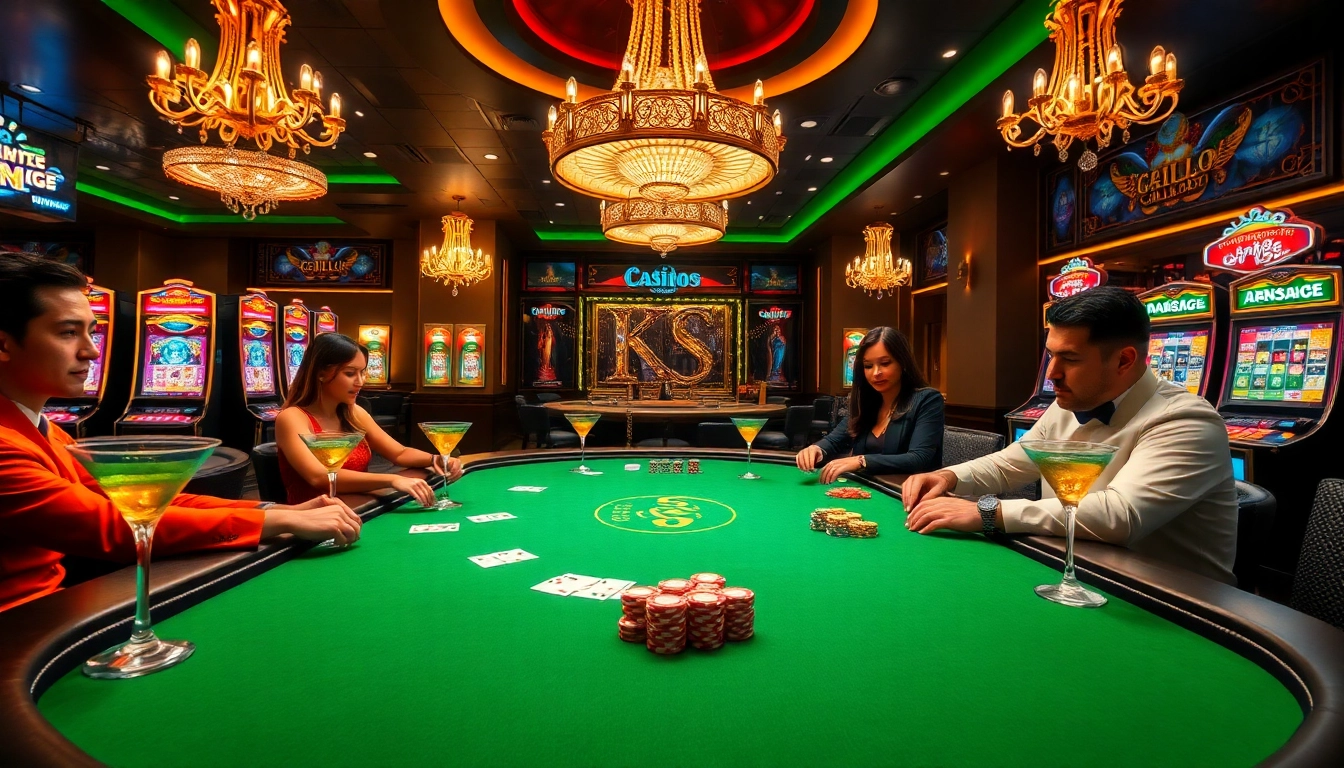 Engaged players enjoy a high-stakes poker game in a luxurious casino setting inspired by https://nhacaiuytinvn.us.com/ with vibrant chips and cards.