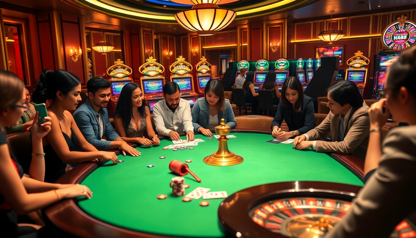 Exciting view of players at DN88 casino engaged in poker game with vibrant decor and slot machines in background.