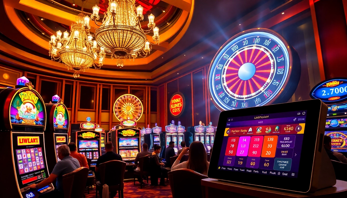 Experience PEN4D daftar excitement with vibrant slot machines and a spinning roulette wheel.